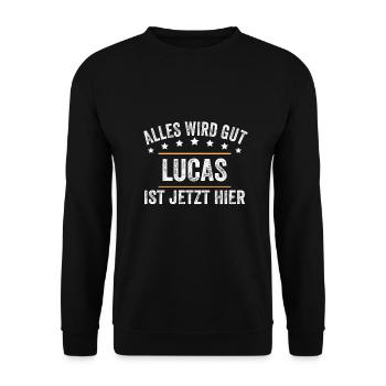 Lucas Vorname Name Geburtstag - Unisex Pullover - Schwarz - Vorne - Alina (178cm) & Michal (187cm)