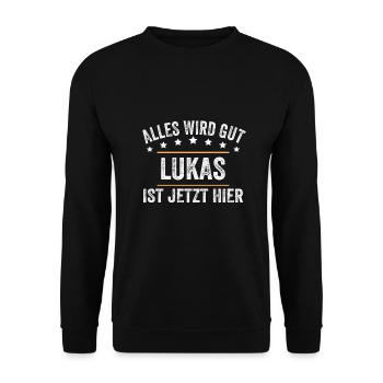 Lukas Vorname Name Geburtstag - Unisex Pullover - Schwarz - Vorne - Alina (178cm) & Michal (187cm)
