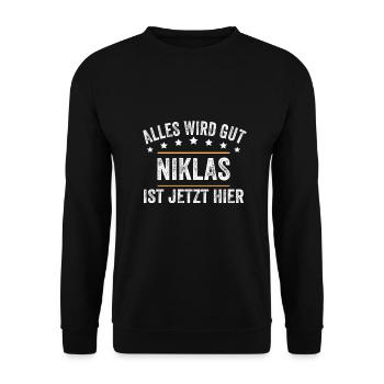 Niklas Vorname Name Geburtstag - Unisex Pullover - Schwarz - Vorne - Alina (178cm) & Michal (187cm)
