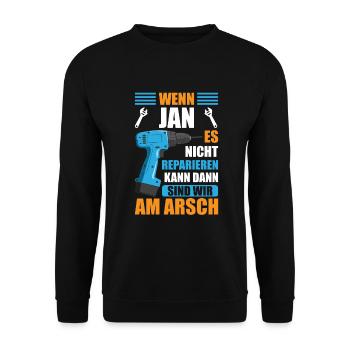 Jan Vorname Name Geburtstag Reparieren - Unisex Pullover - Schwarz - Vorne - Alina (178cm) & Michal (187cm)