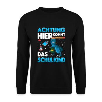 Achtung hier kommt das Schulkind Einschulung dino - Unisex Pullover - Schwarz - Vorne - Alina (178cm) & Michal (187cm)