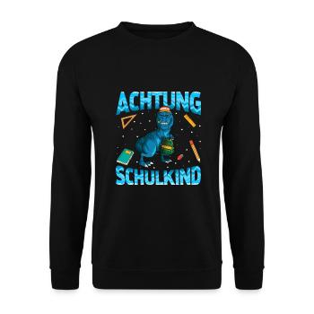 Achtung Schulkind 1. Klasse Dinosaurier Tyranno - Unisex Pullover - Schwarz - Vorne - Alina (178cm) & Michal (187cm)