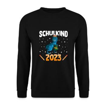 Schulkind 2023 1. Klasse Einschulung Dino - Unisex Pullover - Schwarz - Vorne - Alina (178cm) & Michal (187cm)