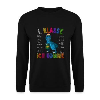 1. Klasse ich komme Grundschule Einschulung Dino - Unisex Pullover - Schwarz - Vorne - Alina (178cm) & Michal (187cm)