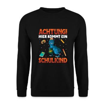 Achtung hier kommt ein Schulkind Einschulung Dino - Unisex Pullover - Schwarz - Vorne - Alina (178cm) & Michal (187cm)