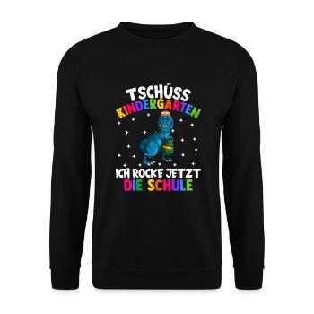 Tschüss Kindergarten ich rocke jetzt die Schule - Unisex Pullover - Schwarz - Vorne - Alina (178cm) & Michal (187cm)
