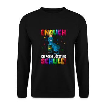 Endlich ich rocke jetzt die Schule Dino 1. Klasse - Unisex Pullover - Schwarz - Vorne - Alina (178cm) & Michal (187cm)