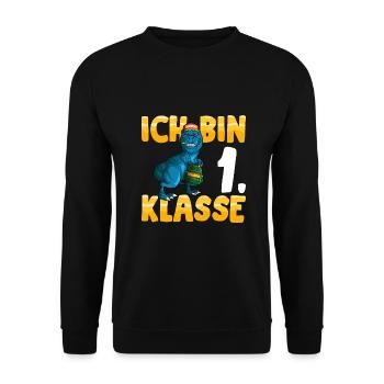 Ich bin 1. Klasse Einschulung Dino Grundschule - Unisex Pullover - Schwarz - Vorne - Alina (178cm) & Michal (187cm)