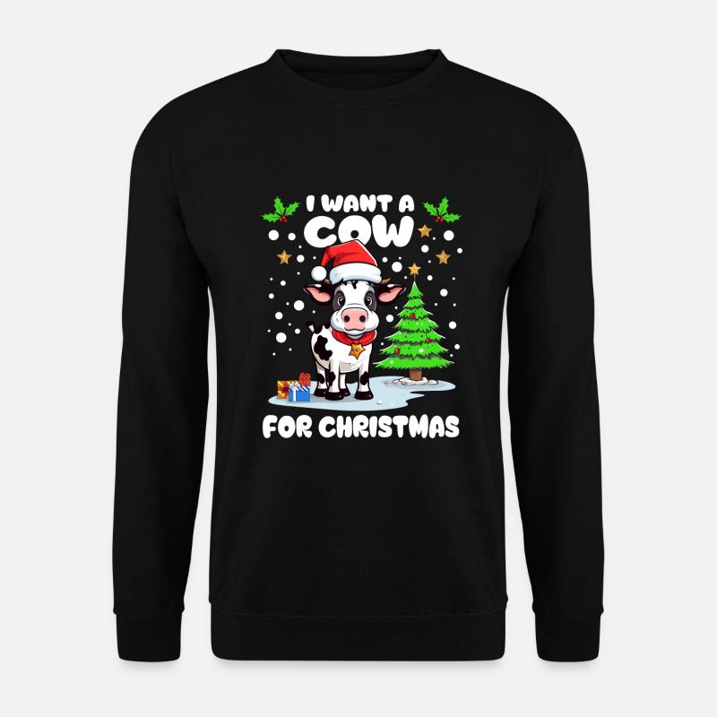 Kleine Kuh mit Mütze feiert Weihnachten im Schnee - Unisex Pullover - Schwarz