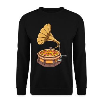 Lustiges Pizza Grammophon Schallplattenspieler - Unisex Pullover - Schwarz - Vorne - Alina (178cm) & Michal (187cm)
