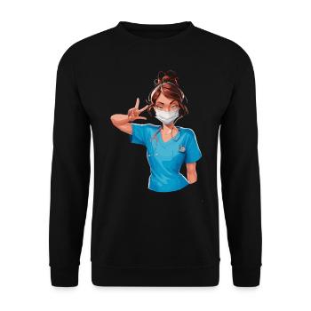 Lustige Krankenschwester mit Humor - Unisex Pullover - Schwarz - Vorne - Alina (178cm) & Michal (187cm)