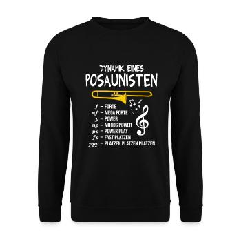 Posaune Dynamik eines Posaunisten Blasmusik - Unisex Pullover - Schwarz - Vorne - Alina (178cm) & Michal (187cm)