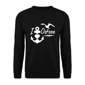 Ostsee-Ich liebe die Ostsee mit Anker Herz & Möwe - Unisex Pullover - Schwarz - Vorne - Alina (178cm) & Michal (187cm)