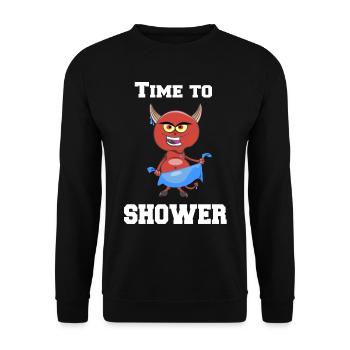 Zeit zu Duschen T-Shirt mit Dusch Teufel - Unisex Pullover - Schwarz - Vorne - Alina (178cm) & Michal (187cm)