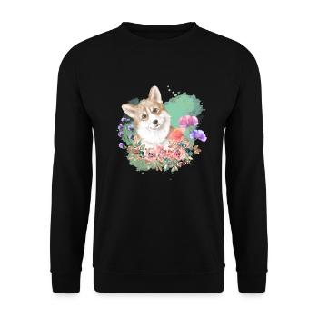 Welsh Corgi Cottagecore Wasserfarben Blumen - Unisex Pullover - Schwarz - Vorne - Alina (178cm) & Michal (187cm)