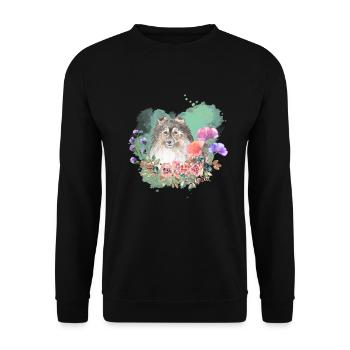 Shetland Sheepdog Cottagecore Wasserfarben Blumen - Unisex Pullover - Schwarz - Vorne - Alina (178cm) & Michal (187cm)