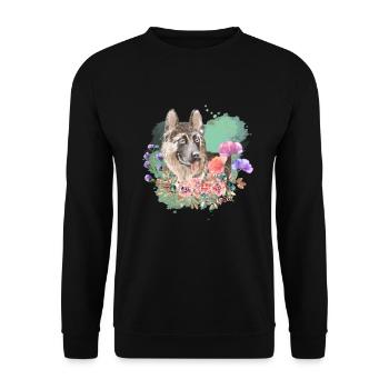 Schäferhund Cottagecore Wasserfarben Blumen - Unisex Pullover - Schwarz - Vorne - Alina (178cm) & Michal (187cm)