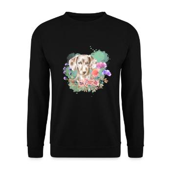 Dackel Cottagecore Wasserfarben Blumen - Unisex Pullover - Schwarz - Vorne - Alina (178cm) & Michal (187cm)