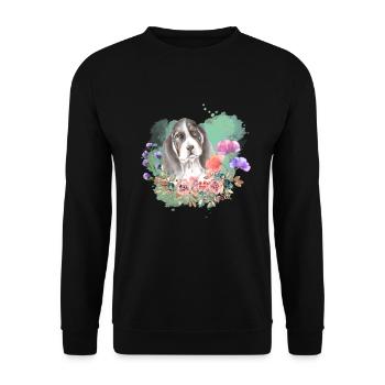 Basset Hound Welpe Cottagecore Wasserfarben Blumen - Unisex Pullover - Schwarz - Vorne - Alina (178cm) & Michal (187cm)
