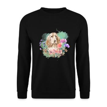 Cocker Spaniel Cottagecore Wasserfarben Blumen - Unisex Pullover - Schwarz - Vorne - Alina (178cm) & Michal (187cm)