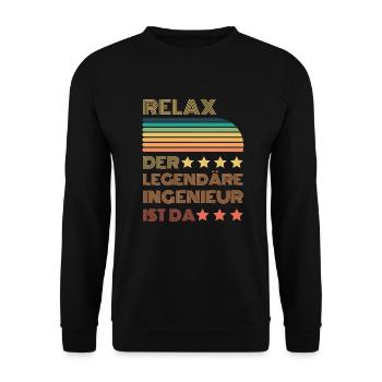 Relax der Legendäre Ingenieur ist hier Retro - Unisex Pullover - Schwarz - Vorne - Alina (178cm) & Michal (187cm)