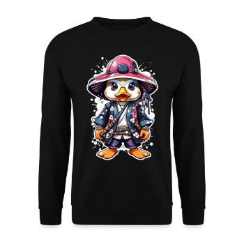 Quacksalber-tastische Samurai-Abenteuer: Niedliche Samurai-Ente - Unisex Pullover - Schwarz - Vorne - Alina (178cm) & Michal (187cm)