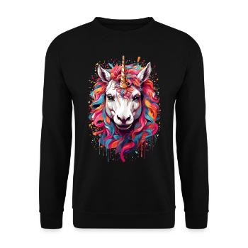 Buntes Einhorn: Pferd im Regenbogenrausch - Unisex Pullover - Schwarz - Vorne - Alina (178cm) & Michal (187cm)