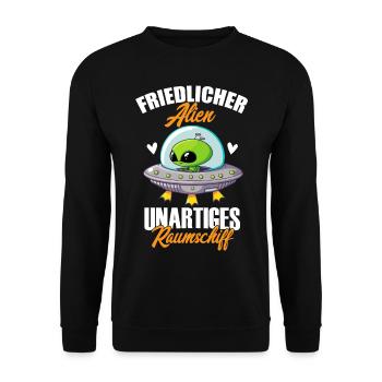 Friedlicher Alien Unartiges Raumschiff, Humor, Fun - Unisex Pullover - Schwarz - Vorne - Alina (178cm) & Michal (187cm)