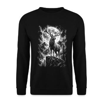 Stolzer Hirsch auf Felsen mit Mond im Zeichenstil - Unisex Pullover - Schwarz - Vorne - Alina (178cm) & Michal (187cm)