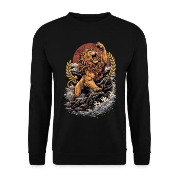 Mutiger Löwe in Siegerpose: Kraft & Erfolg - Unisex Pullover - Schwarz - Vorne - Alina (178cm) & Michal (187cm)