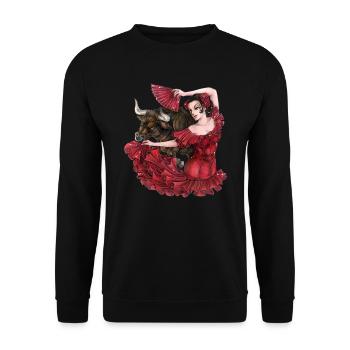 Sexy Flamenco spanische Tänzerin mit Stier Manga - Unisex Pullover - Schwarz - Vorne - Alina (178cm) & Michal (187cm)