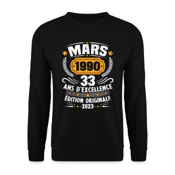 Cadeau D'anniversaire 33 Ans Mars 1990 Vintage - Sweat-shirt Unisexe - noir - Devant - Alina (178cm) & Michal (187cm)