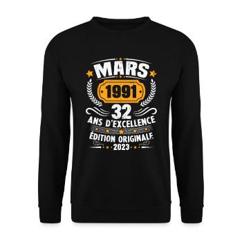 Cadeau D'anniversaire 32 Ans Mars 1991 Vintage - Sweat-shirt Unisexe - noir - Devant - Alina (178cm) & Michal (187cm)