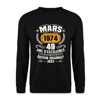 Cadeau D'anniversaire 49 Ans Mars 1974 Vintage - Sweat-shirt Unisexe - noir - Devant - Alina (178cm) & Michal (187cm)