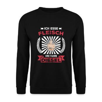 Ich esse Fleisch und fahre Diesel- lustiger Spruch - Unisex Pullover - Schwarz - Vorne - Alina (178cm) & Michal (187cm)