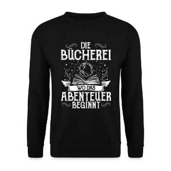 Bücherei Lesen Bibliothek Bibliothekar Abenteuer - Unisex Pullover - Schwarz - Vorne - Alina (178cm) & Michal (187cm)