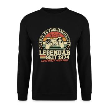 Level 50 Freigeschaltet Legendär seit 1974 - Unisex Pullover - Schwarz - Vorne - Alina (178cm) & Michal (187cm)
