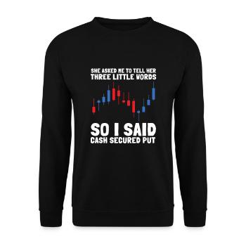 Options Trading Cash Secured Puts Future Forex - Unisex Pullover - Schwarz - Vorne - Alina (178cm) & Michal (187cm)