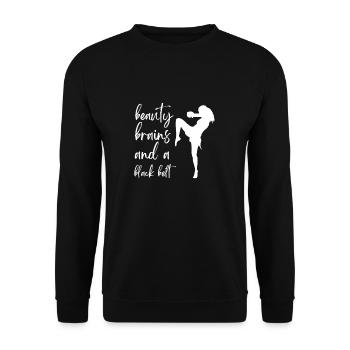 Beauty Brains et une ceinture noire - Sweat-shirt Unisexe - noir - Devant - Alina (178cm) & Michal (187cm)