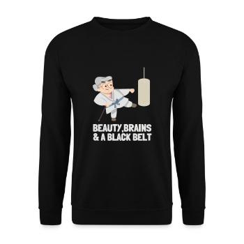 Beauty Brains et une ceinture noire - Sweat-shirt Unisexe - noir - Devant - Alina (178cm) & Michal (187cm)