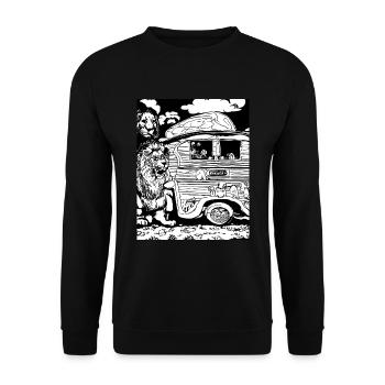 Lion en noir et blanc autour d'une caravane - Sweat-shirt Unisexe - noir - Devant - Alina (178cm) & Michal (187cm)
