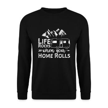 Life Rocks When Your Home Rolls - Camping - Unisex Pullover - Schwarz - Vorne - Alina (178cm) & Michal (187cm)
