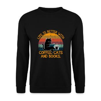 Katze Bücher Kaffee Lustige Sprüche Vintage - Unisex Pullover - Schwarz - Vorne - Alina (178cm) & Michal (187cm)
