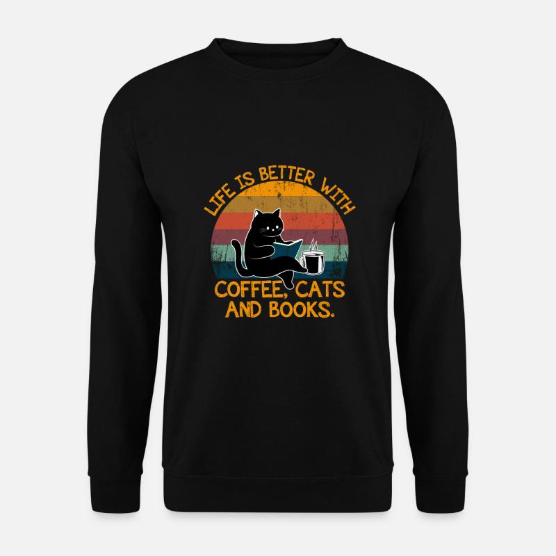 Katze Bücher Kaffee Lustige Sprüche Vintage - Unisex Pullover - Schwarz