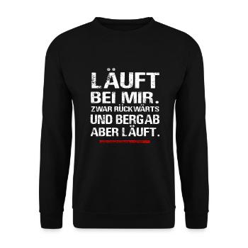 Läuft bei mir Arbeit Lustiger Spruch - Unisex Pullover - Schwarz - Vorne - Alina (178cm) & Michal (187cm)