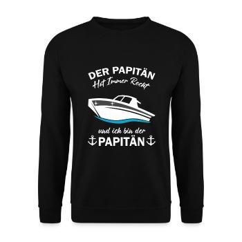 Der Papitän hat immer Recht Kapitän Sportboot - Unisex Pullover - Schwarz - Vorne - Alina (178cm) & Michal (187cm)