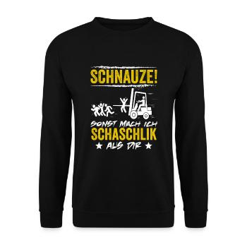 Lagerist Gabelstapler Stapler Staplerfahrer - Unisex Pullover - Schwarz - Vorne - Alina (178cm) & Michal (187cm)