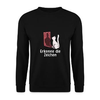 Erkenne die Zeichen Katze Mittelfinger - Unisex Pullover - Schwarz - Vorne - Alina (178cm) & Michal (187cm)