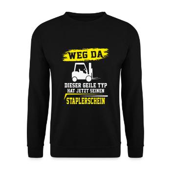 Staplerfahrer Lagerist Gabelstaplerfahrer - Unisex Pullover - Schwarz - Vorne - Alina (178cm) & Michal (187cm)