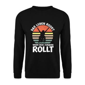 Lustiger Rollstuhlfahrer rockt - Unisex Pullover - Schwarz - Vorne - Alina (178cm) & Michal (187cm)